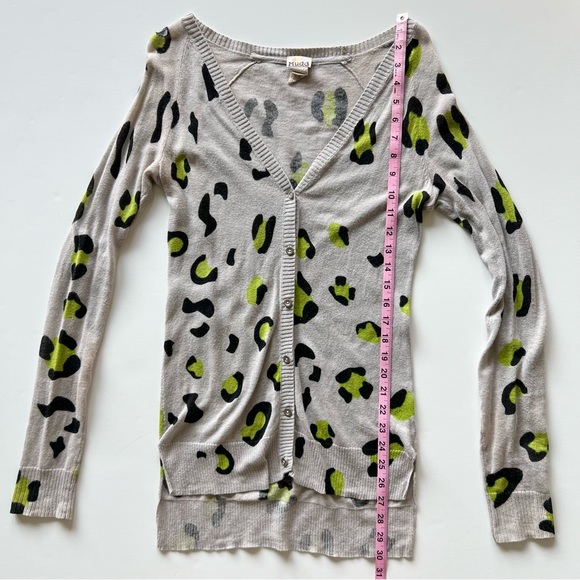 Mudd Grey and Lime Green Leopard Print Button Up Cardigan, Small - Picture 3 of 9